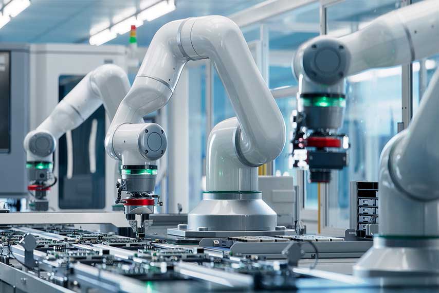 Factory robots assembling a product